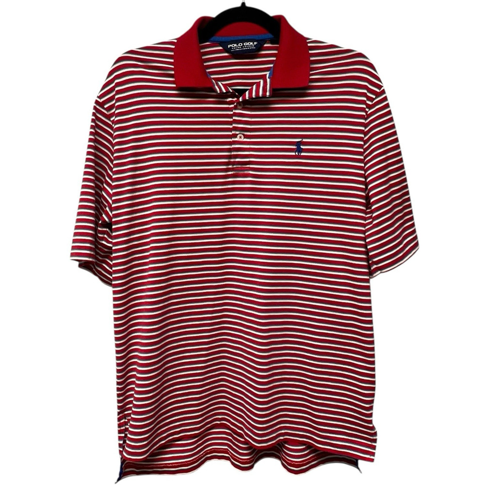 Ralph Lauren Polo Golf Red Striped Polo Shirt Blue Pony Pima Cotton Medium Y2K